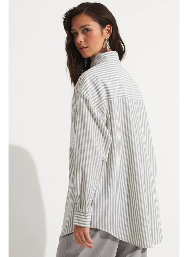 JUNE June Striped Pocket Detailed Cotton Shirt Khaki