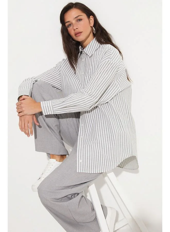JUNE June Striped Pocket Detailed Cotton Shirt Khaki