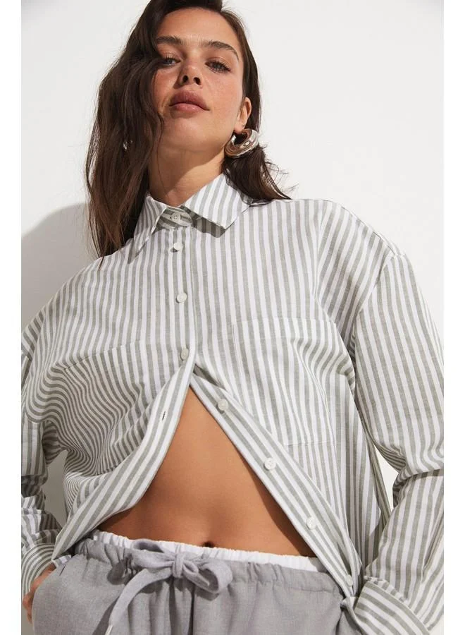 JUNE June Striped Pocket Detailed Cotton Shirt Khaki