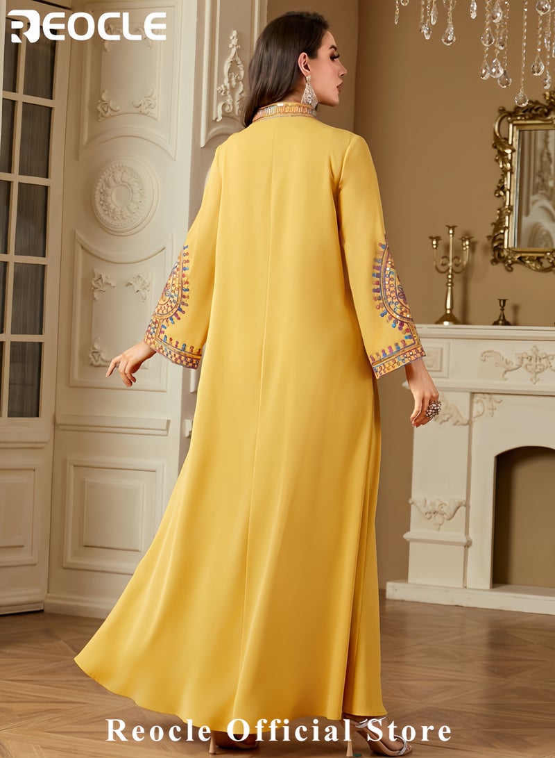 REOCLE Women's Elegant Embroidered Kaftan Dress Luxury Maxi Abaya Flowing Moroccan Robe Modest Evening Dress for Special Occasions - Image 5