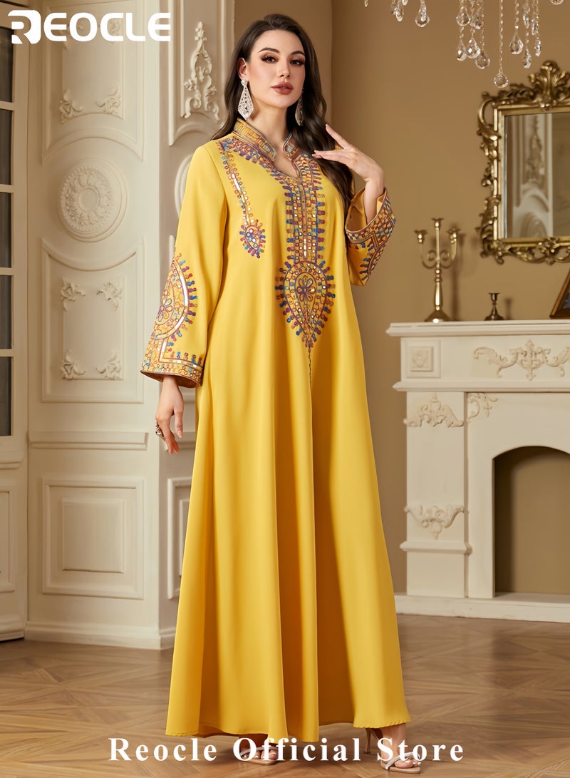 REOCLE Women's Elegant Embroidered Kaftan Dress Luxury Maxi Abaya Flowing Moroccan Robe Modest Evening Dress for Special Occasions - Image 4