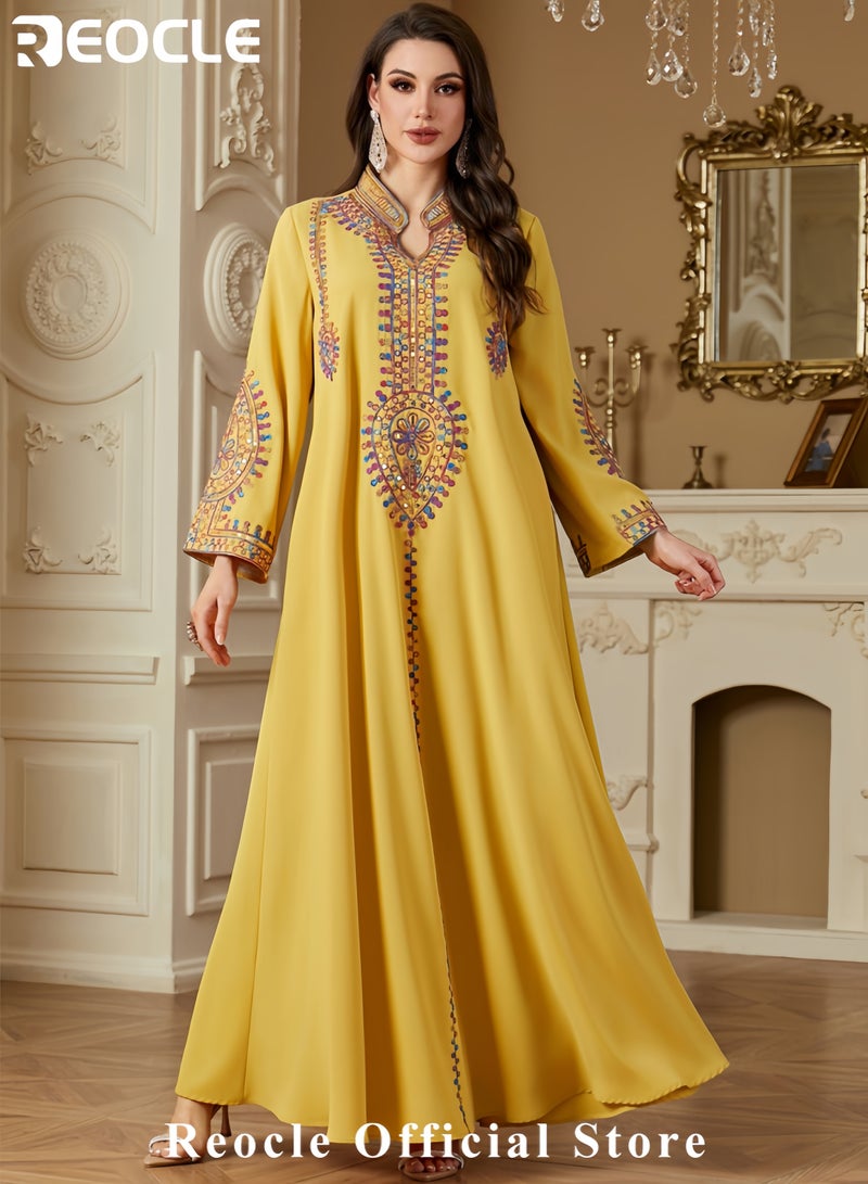 REOCLE Women's Elegant Embroidered Kaftan Dress Luxury Maxi Abaya Flowing Moroccan Robe Modest Evening Dress for Special Occasions - Image 2