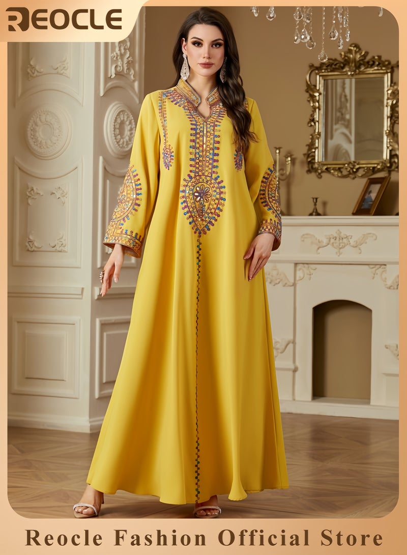 REOCLE Women's Elegant Embroidered Kaftan Dress Luxury Maxi Abaya Flowing Moroccan Robe Modest Evening Dress for Special Occasions - Image 1