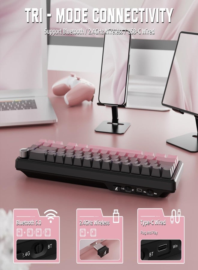 MAMBASNAKE Attack Shark X66 Gasket Wireless Mechanical Keyboard with Volume Knob,60% Bluetooth/2.4GHz/Wired Gaming Keyboard,RGB Backlit,Side Printed PBT Keycaps,66 Keys Hot Swappable for PC/MAC,Pink - Image 4