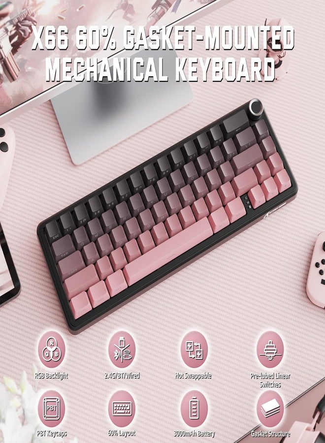 MAMBASNAKE Attack Shark X66 Gasket Wireless Mechanical Keyboard with Volume Knob,60% Bluetooth/2.4GHz/Wired Gaming Keyboard,RGB Backlit,Side Printed PBT Keycaps,66 Keys Hot Swappable for PC/MAC,Pink - Image 2