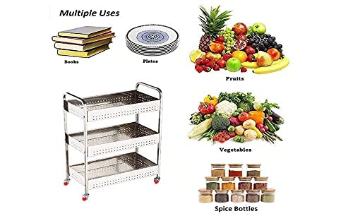 KAVID 3 Tier Stainless Steel Vegetable Trolley for Kitchen Vegetable Stand with 4 Wheels 3 Basket to Store Vegetable Fruits and Bathroom and Kitchen Office Accessories - Image 3