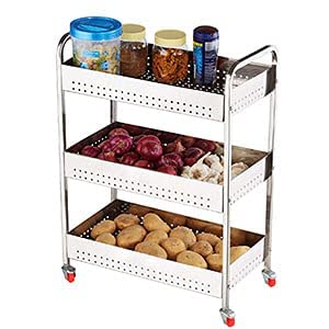 KAVID 3 Tier Stainless Steel Vegetable Trolley for Kitchen Vegetable Stand with 4 Wheels 3 Basket to Store Vegetable Fruits and Bathroom and Kitchen Office Accessories - Image 1