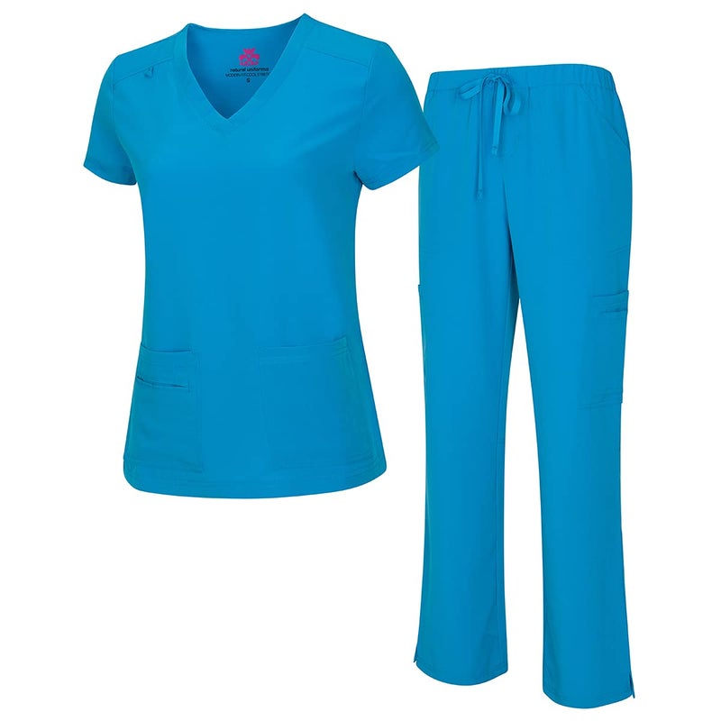 Natural Uniforms Womens Cool Stretch VNeck Top and Cargo Pant Set Water Blue Medium