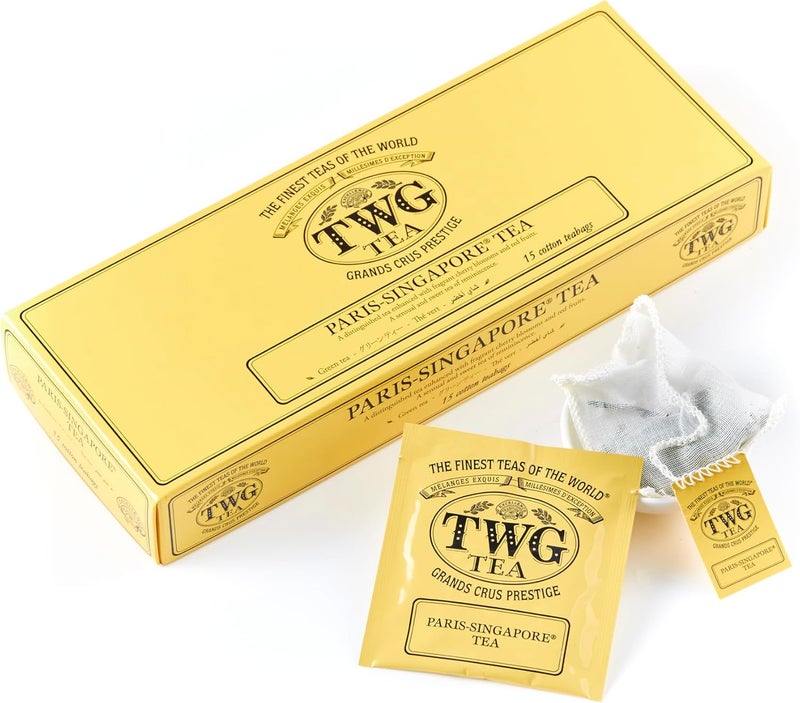 TWG Tea Paris-Singapore Green Tea with Cherry Blossoms & Red Fruits - 15 Hand Sewn Cotton Teabags Gift Set - Image 1