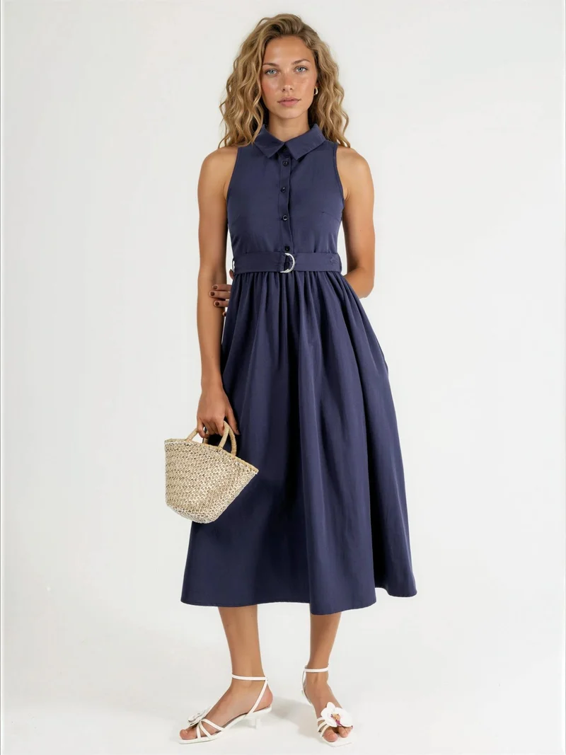 بوسيم BUSEM Belted Shirt Collar Midi Dress