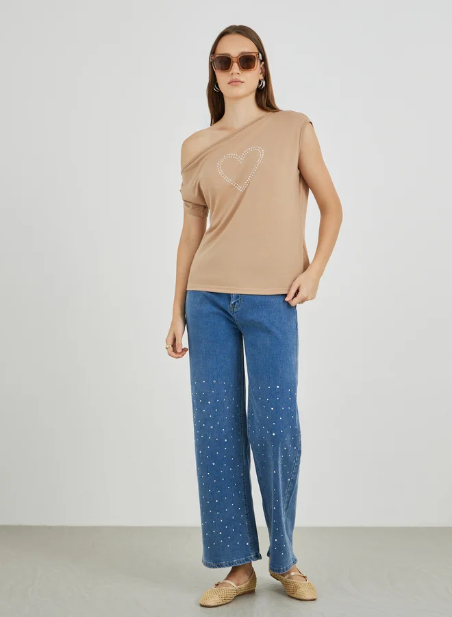Take Two Take Two Embellished One Shoulder Short Sleeve T-Shirt