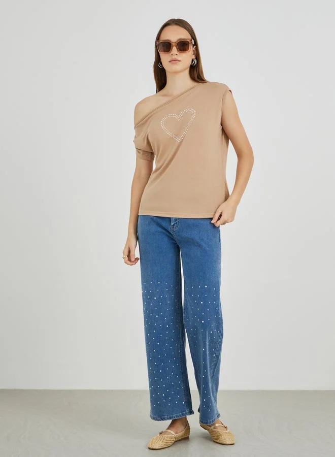 Take Two Take Two Embellished One Shoulder Short Sleeve T-Shirt