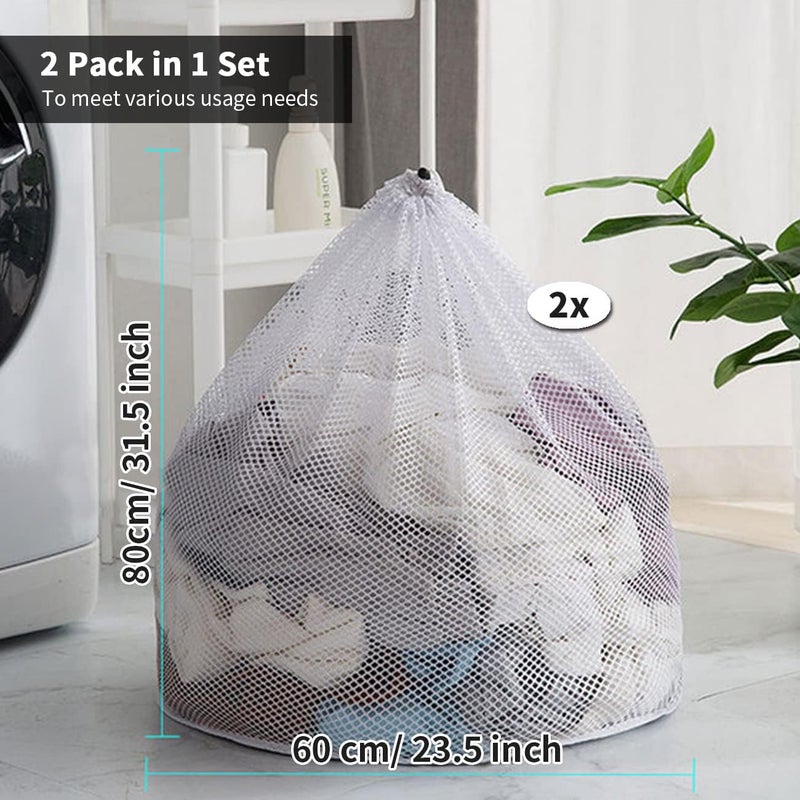 Laundry Bags Mesh Large Washing Bags for Delicates 2 Pack, 60 * 80 cm with Drawstring, Coarse Net Wash Bag for Washing Machine White - Image 2