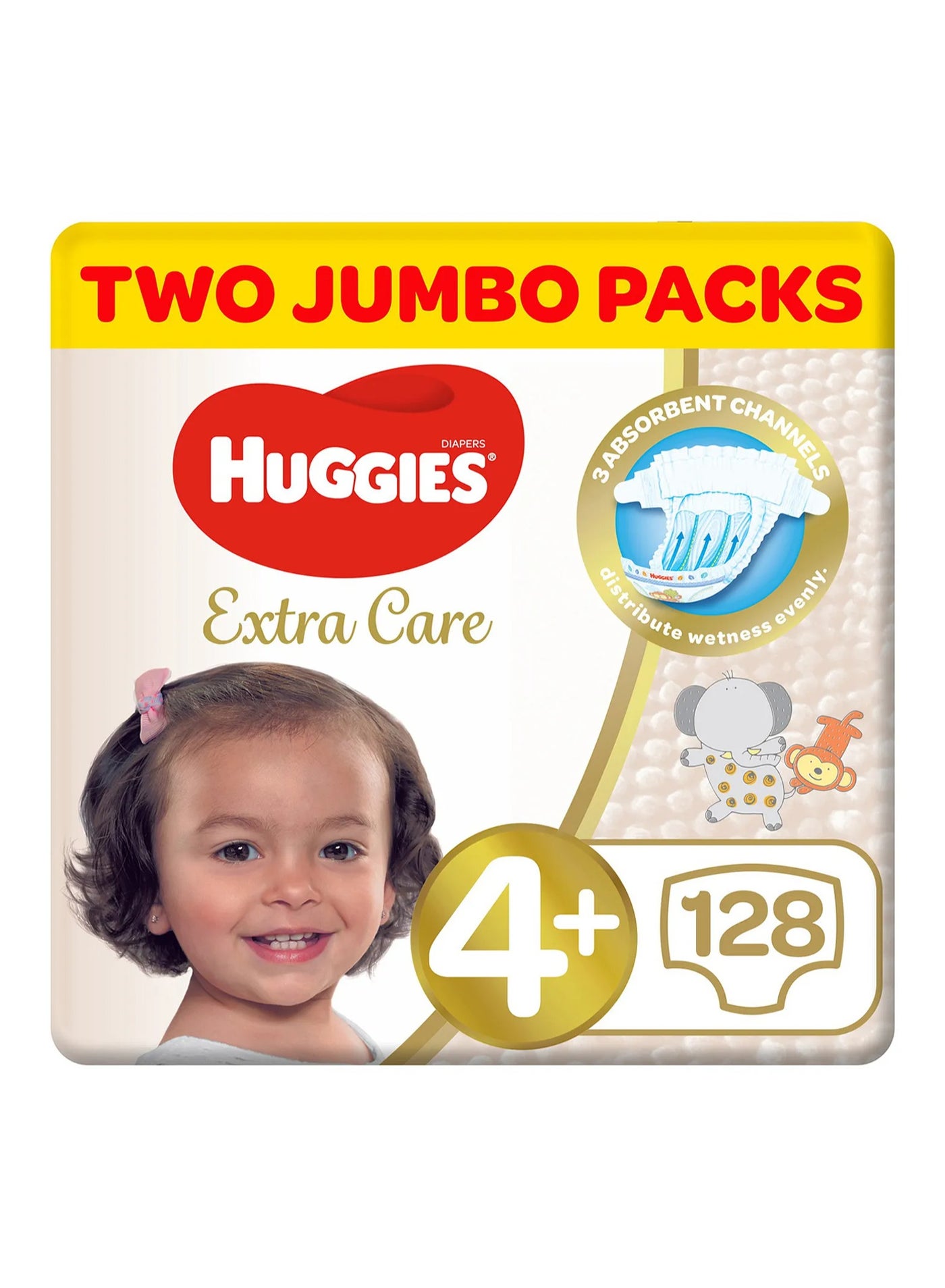 Huggies Extra Care Tape Stye Diapers, 128 Pieces Twin Jumbo Pack, Size 4, 10-16kg - 12h Protection, Dermatologist Approved, Breathable