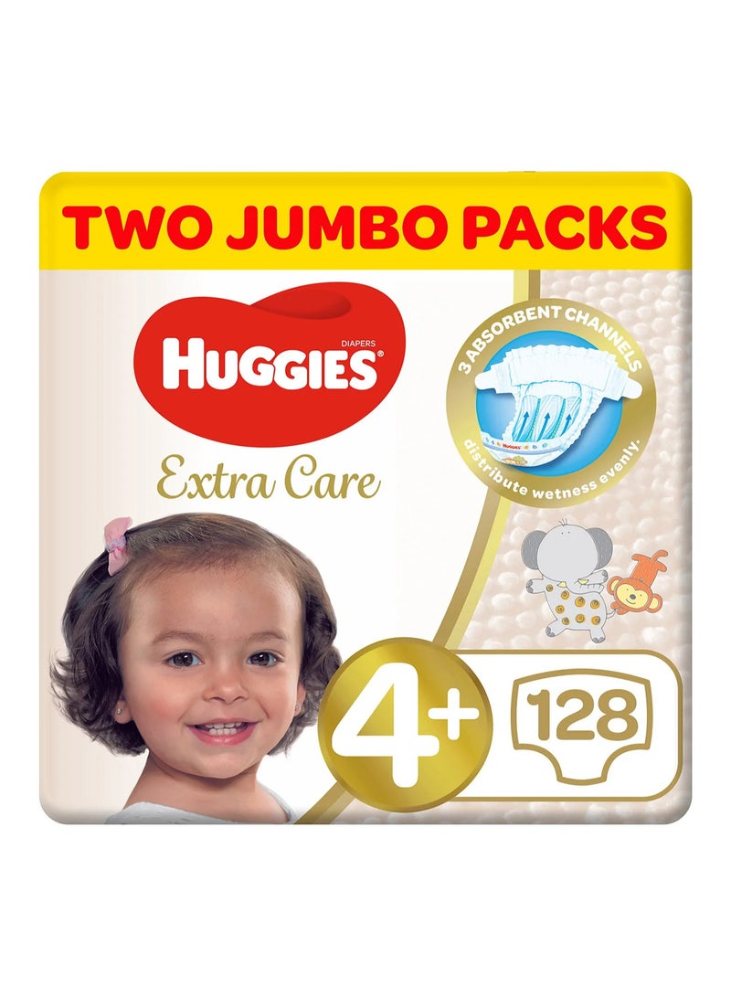 Huggies Extra Care Tape Stye Diapers, 128 Pieces Twin Jumbo Pack, Size 4, 10-16kg - 12h Protection, Dermatologist Approved, Breathable - Image 1