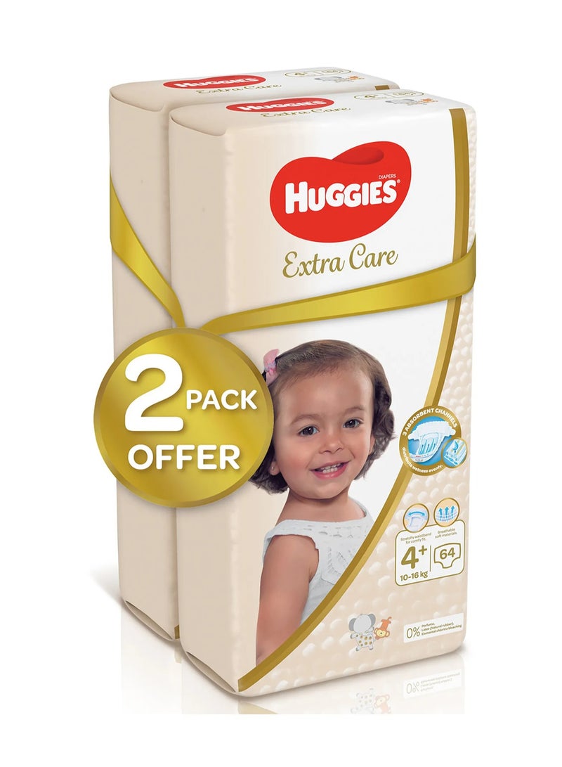 Huggies Extra Care Tape Stye Diapers, 128 Pieces Twin Jumbo Pack, Size 4, 10-16kg - 12h Protection, Dermatologist Approved, Breathable - Image 2