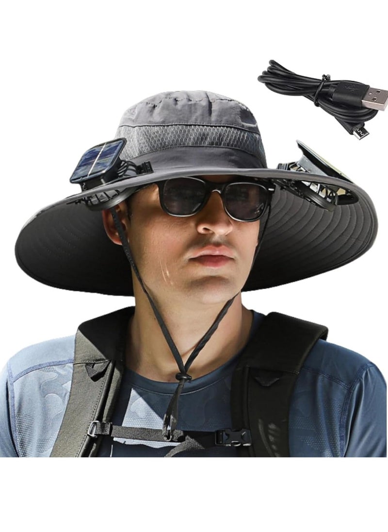 Generic Solar Fan Hat, Wide Brim Sun Hat with 2 Solar Fan, Hat with Solar Fans Built in, Fishing Hat with Fan for Men, Waterproof Outdoor Hiking Camping Fishing Hat Grey  - Image 1