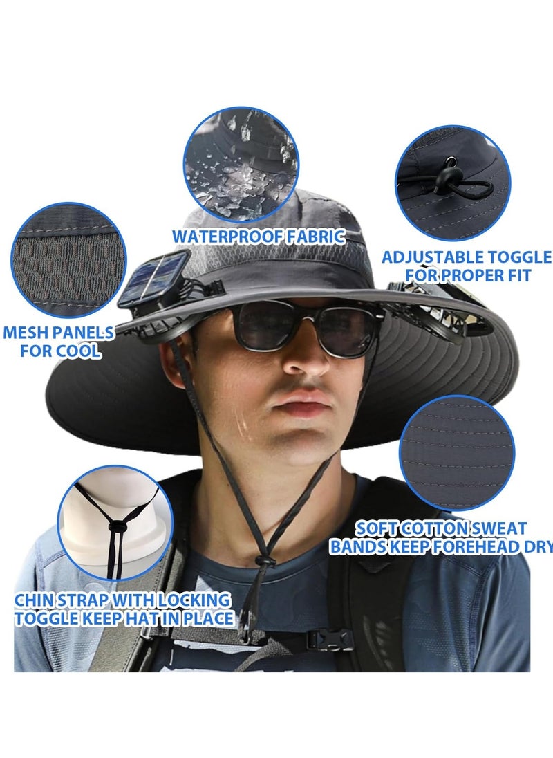 Generic Solar Fan Hat, Wide Brim Sun Hat with 2 Solar Fan, Hat with Solar Fans Built in, Fishing Hat with Fan for Men, Waterproof Outdoor Hiking Camping Fishing Hat Grey  - Image 4