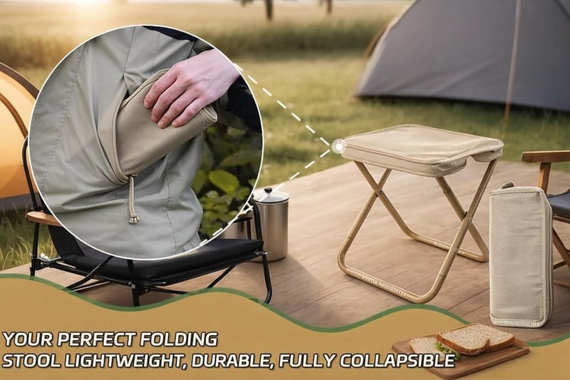 Lightweight Portable Folding Stool for Outdoor Camping | Mini Foldable Fishing & Hunting Chair with Zipper Bag | Compact Travel Seat Platter for Hiking, Picnics, Trekking & Gardening (Beige) - Image 2
