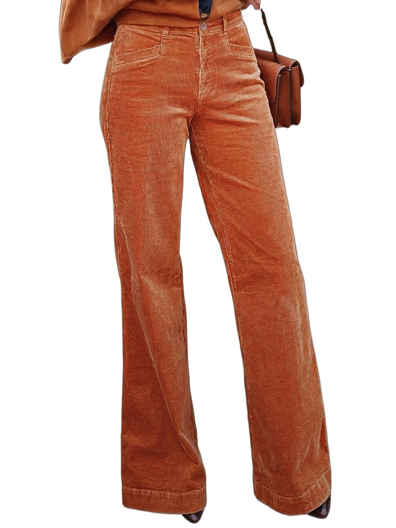 Flamingals Straight Leg Mid Waist Pants for Women with Solid Pocket Without Belt Caramel S - Image 1