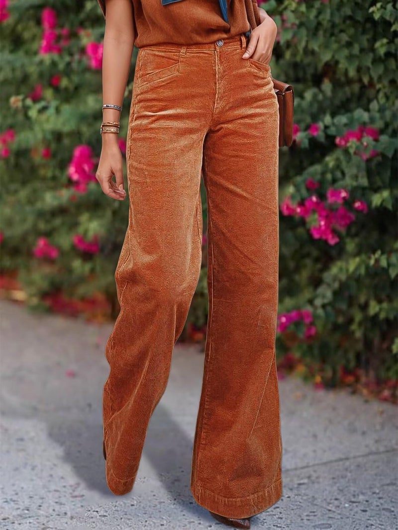 Flamingals Straight Leg Mid Waist Pants for Women with Solid Pocket Without Belt Caramel S - Image 2