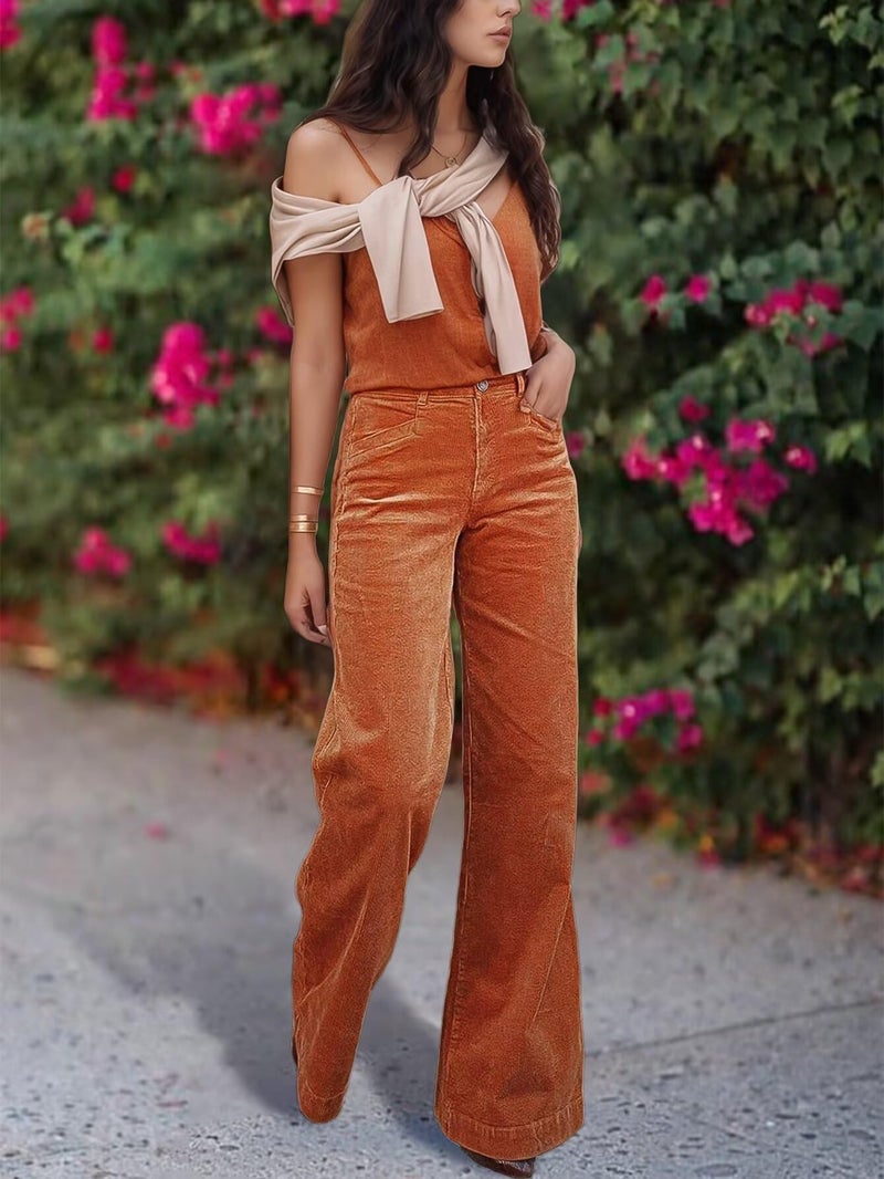 Flamingals Straight Leg Mid Waist Pants for Women with Solid Pocket Without Belt Caramel S - Image 3
