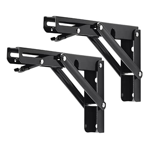 YUMORE Folding Shelf Brackets, 8 Inch Heavy Duty Collapsible Shelf Bracket, Black DIY L Bracket for Workbench Folding Table Hinge, Max Load: 300lb, 2 Pack - Image 1