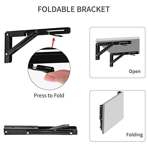 YUMORE Folding Shelf Brackets, 8 Inch Heavy Duty Collapsible Shelf Bracket, Black DIY L Bracket for Workbench Folding Table Hinge, Max Load: 300lb, 2 Pack - Image 3