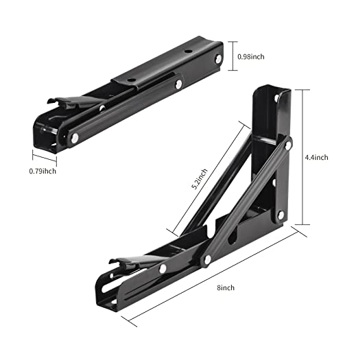 YUMORE Folding Shelf Brackets, 8 Inch Heavy Duty Collapsible Shelf Bracket, Black DIY L Bracket for Workbench Folding Table Hinge, Max Load: 300lb, 2 Pack - Image 2