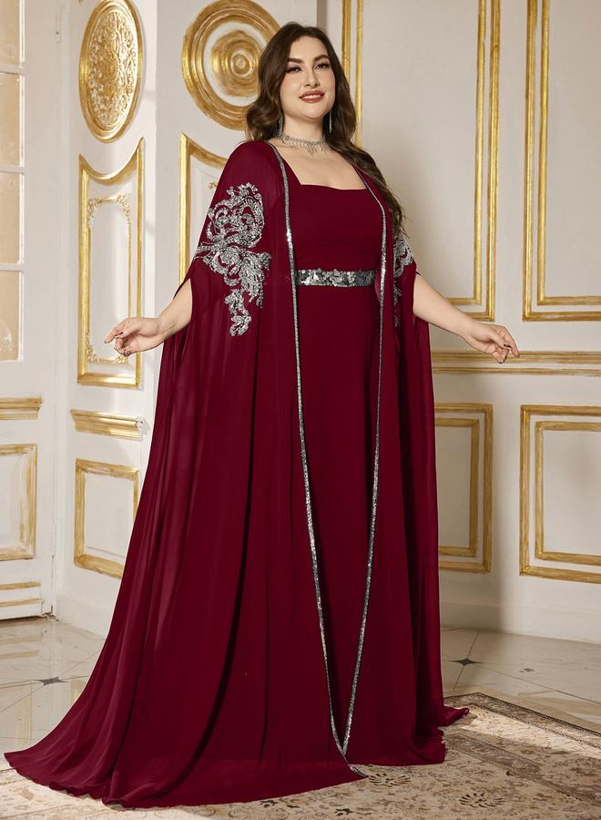 SUPGIR Plus Size Burgundy Embellished Kimono with Inner Dress Co-Ords - Image 1