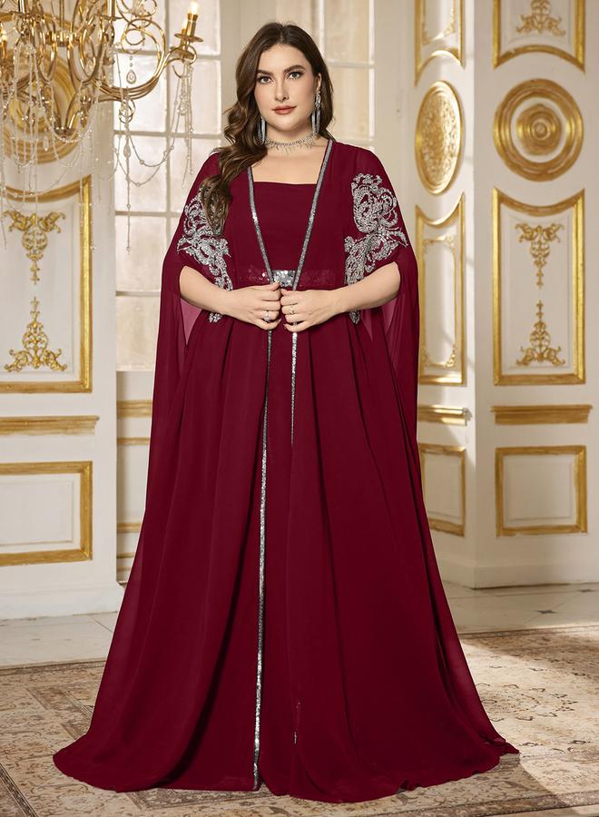 SUPGIR Plus Size Burgundy Embellished Kimono with Inner Dress Co-Ords - Image 3