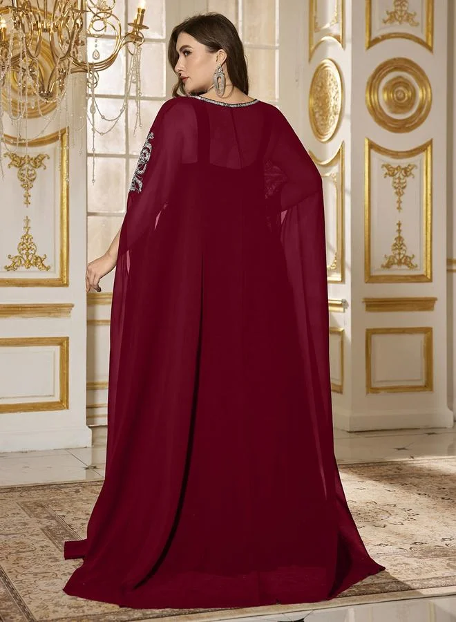 Supgir  Plus Size Burgundy Embellished Kimono with Inner Dress Co-Ords for Women | Best Price UAE
