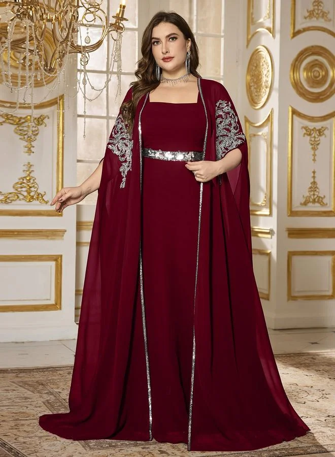 Supgir  Plus Size Burgundy Embellished Kimono with Inner Dress Co-Ords for Women | Best Price UAE