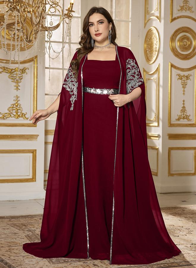 SUPGIR Plus Size Burgundy Embellished Kimono with Inner Dress Co-Ords - Image 4