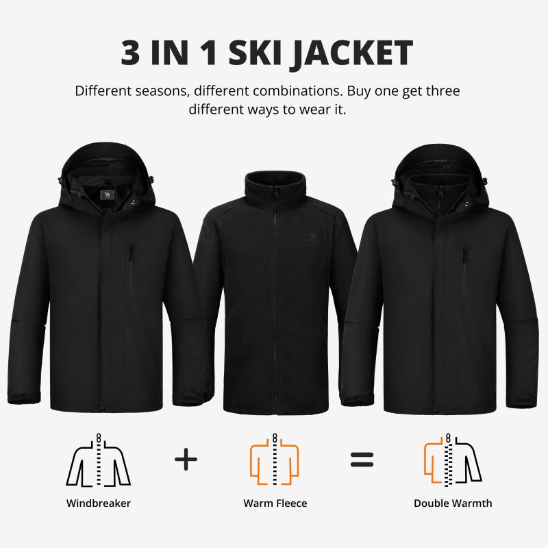 CAMEL CROWN Men's 3 in 1 Ski Snow Jacket Waterproof Winter Snow Coat Windproof Warm Fleece Lining Hiking Jacket Hooded Rain Jacket Black XXXL - Image 3