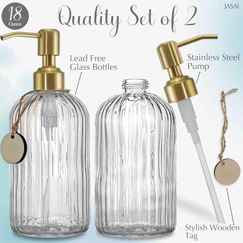 JASAI 2PACK 18Oz Fluted Glass Soap Dispenser with Golden Rust Proof Pump, Refillable Kitchen soap Dispenser with Vertical Stripe, Bathroom Soap Dispenser for Dispense Hand soap, Dish Soap, Lotion. - Image 2