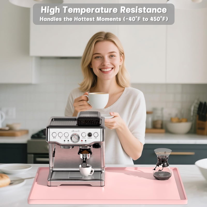 Rnivvi Silicone Coffee Mat, 12" x 19" Waterproof Raised Edge Coffee Bar Mats for Espresso Machine Station Accessories, Heat Resistant Dish Drying Pad for Kitchen Counter, Rubber Bar Decor Pad, Pink - Image 2