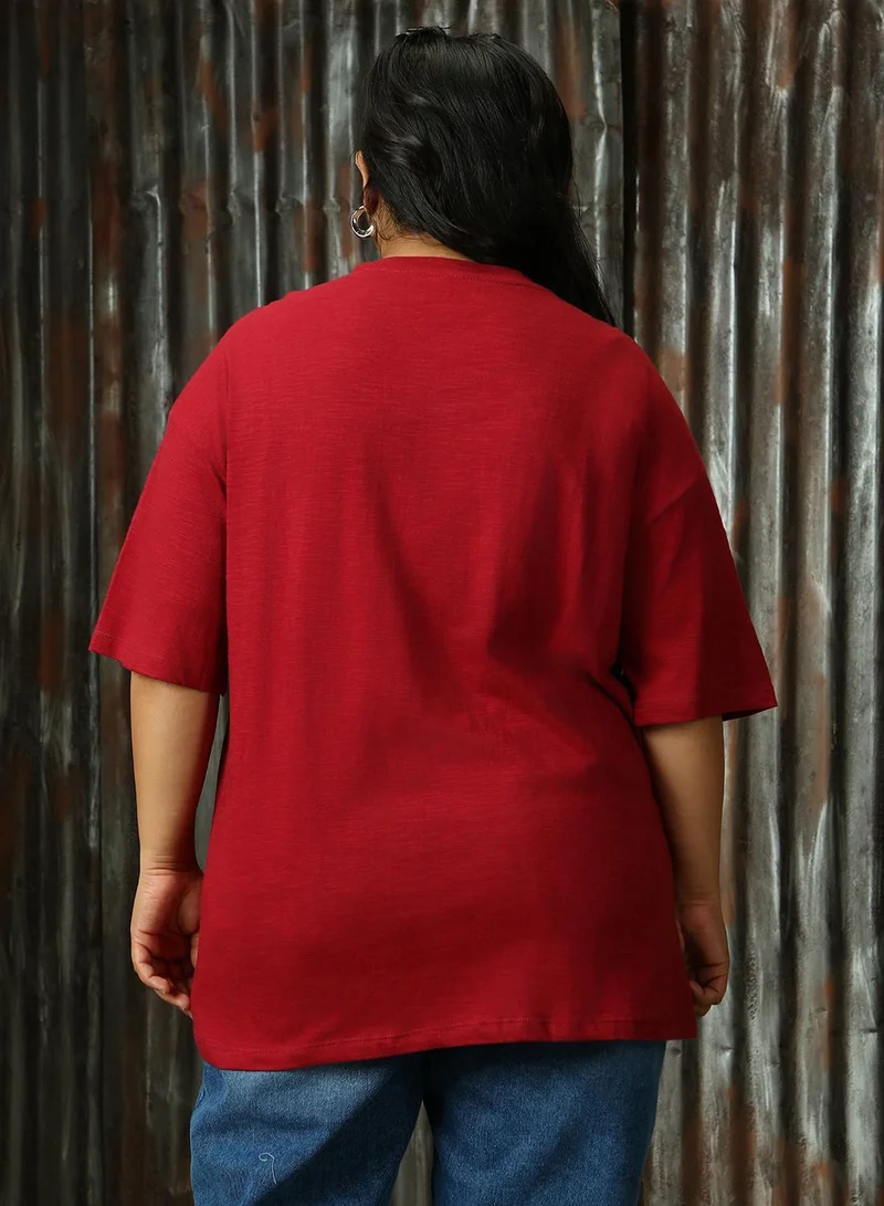 HIGH STAR Women's Red 100% Cotton Printed Plus Size T-Shirt