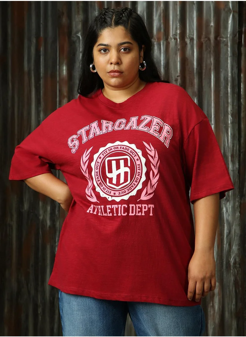 هاي ستار Women's Red 100% Cotton Printed Plus Size T-Shirt