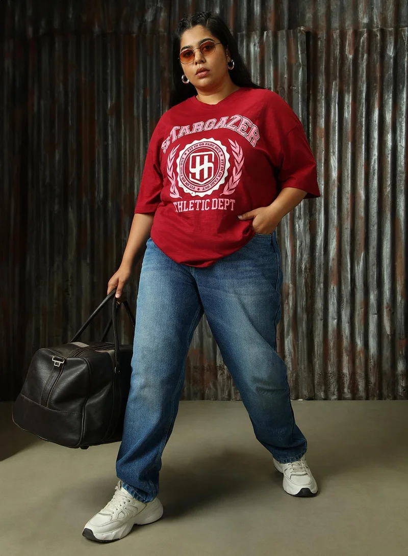HIGH STAR Women's Red 100% Cotton Printed Plus Size T-Shirt