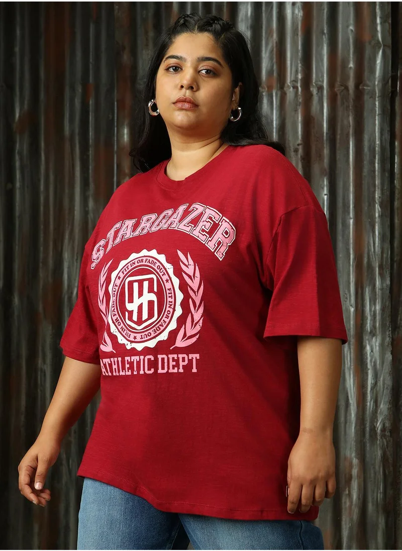 هاي ستار Women's Red 100% Cotton Printed Plus Size T-Shirt