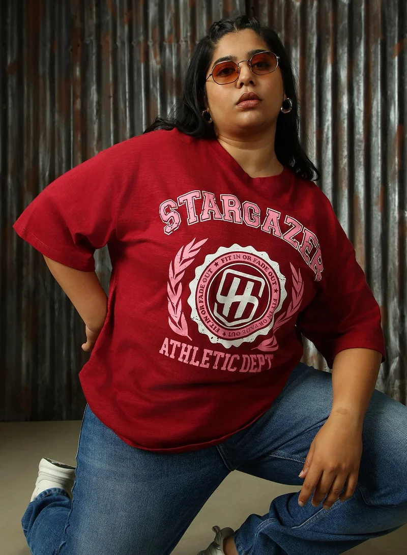 HIGH STAR Women's Red 100% Cotton Printed Plus Size T-Shirt