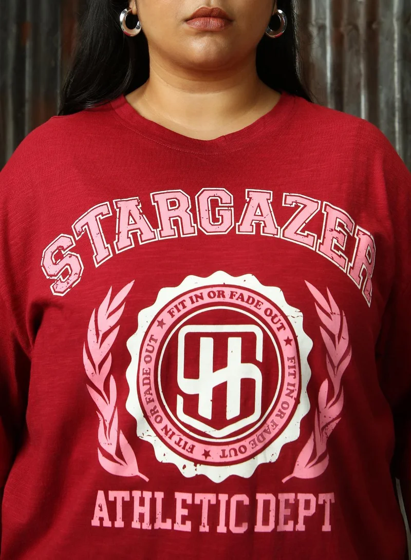 HIGH STAR Women's Red 100% Cotton Printed Plus Size T-Shirt