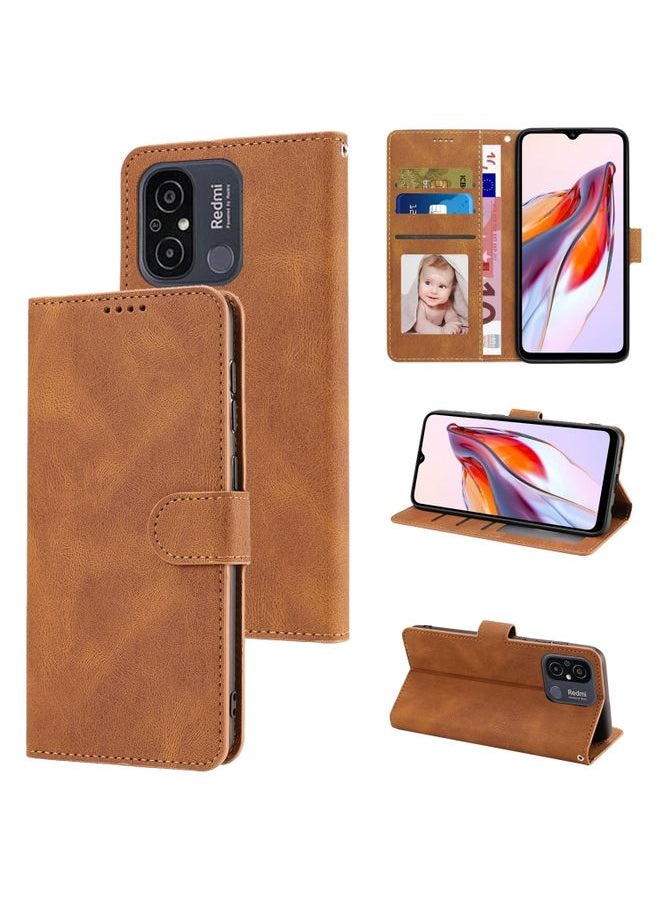 HuHa Case Cover For Xiaomi Redmi 12C / Poco C55 Fantasy Skin-feel Calfskin Texture Leather Phone Case Brown 