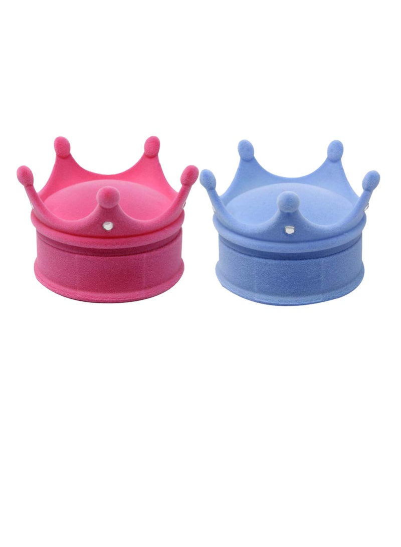 Crown Shaped Velvet Ring Box, 2-Piece Jewellery Storage Case, Blue and Pink - Image 1