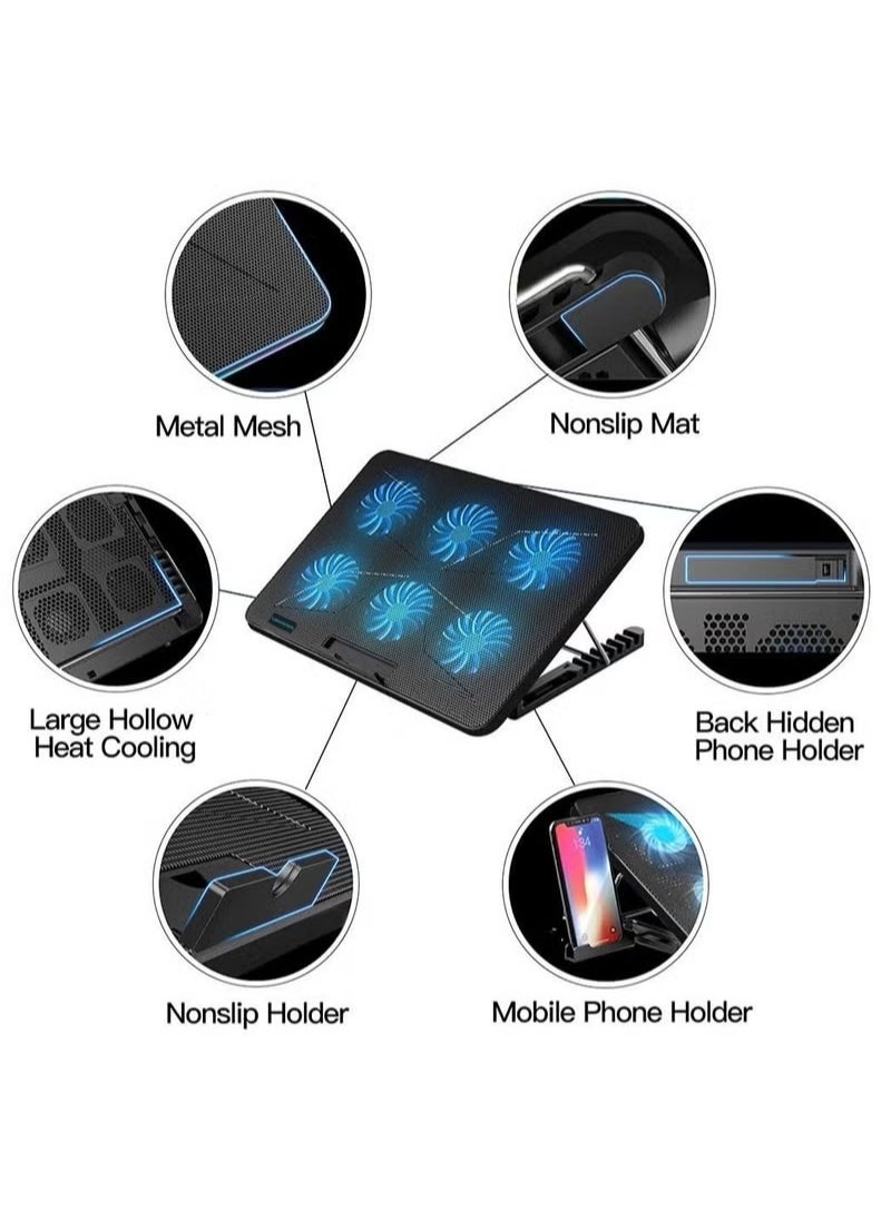 Generic - Laptop Cooling Pad RGB Gaming Notebook Cooler Laptop Fan Cooling Stand with 6 Quiet Fans, Multi-Gear Adjustment RGB LED Light 4 Modes, Switch Control Fan Speed, 2 USB Port, 2023 New - Image 1