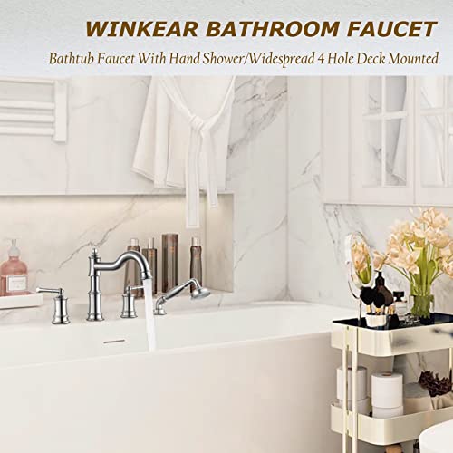 WINKEAR Roman Bathtub Faucet Set With Hand Shower 4 Hole Deck Mount Tub Filler With Diverter, 2 Lever Handle Rough-in Valve and Water Supply Lines Included for Bathroom Tub, Brushed Nickel - Image 2