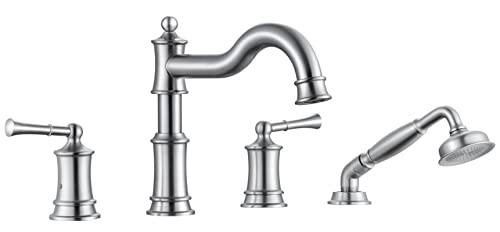 WINKEAR Roman Bathtub Faucet Set With Hand Shower 4 Hole Deck Mount Tub Filler With Diverter, 2 Lever Handle Rough-in Valve and Water Supply Lines Included for Bathroom Tub, Brushed Nickel - Image 1