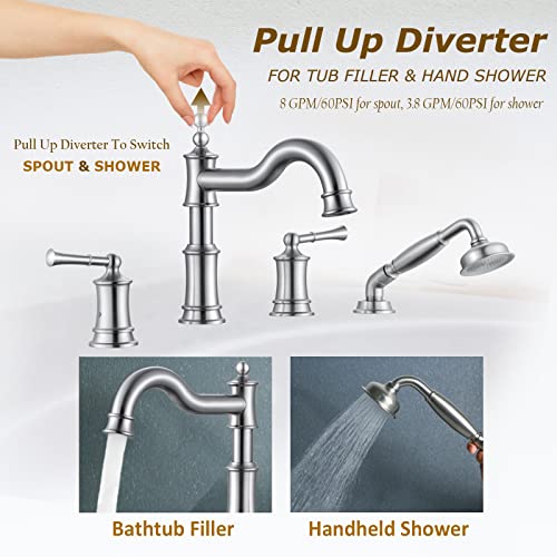 WINKEAR Roman Bathtub Faucet Set With Hand Shower 4 Hole Deck Mount Tub Filler With Diverter, 2 Lever Handle Rough-in Valve and Water Supply Lines Included for Bathroom Tub, Brushed Nickel - Image 3