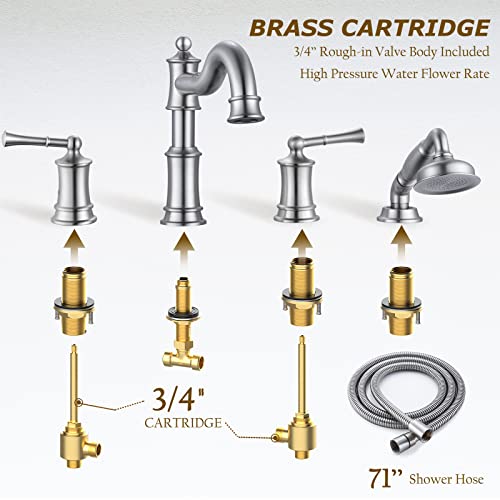 WINKEAR Roman Bathtub Faucet Set With Hand Shower 4 Hole Deck Mount Tub Filler With Diverter, 2 Lever Handle Rough-in Valve and Water Supply Lines Included for Bathroom Tub, Brushed Nickel - Image 5